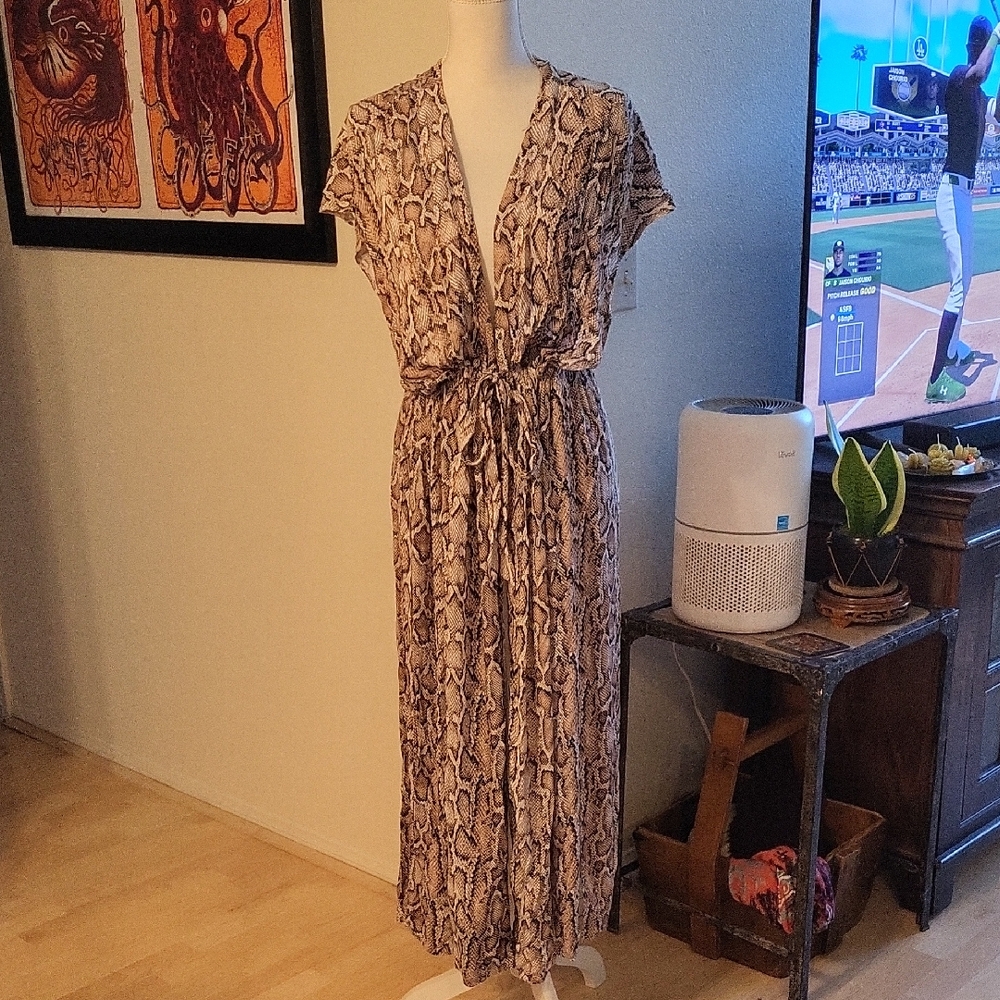 Reptile Print Pool Coverup Tan Brown Wide Side Slits Drawstring Closure